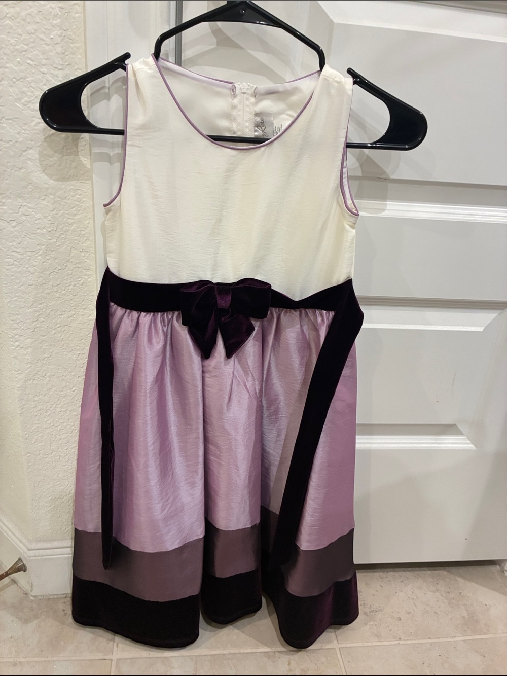 Emily Rose Cream and Lavender Party Dress with Dark Purple Velvet Sash
